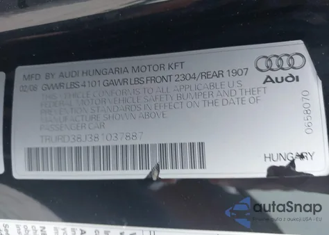 2008 Audi Tt 3.2 z USA, uszkodzony, nr VIN TRURD38J381037887